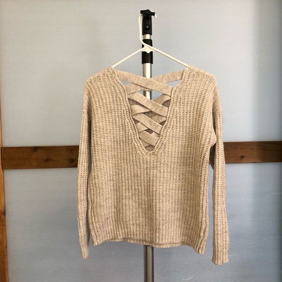 ONLY Cable Knit Sweater Open Weave Back Cream Grey Sz S - Picture 3 of 7
